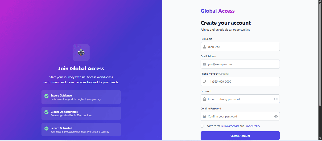 Global Access Travel and Recruitment Agency - Enterprise Recruitment & Travel Platform screenshot 1